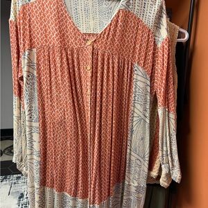 Ces Femme Orange and Cream Geometric Blouse